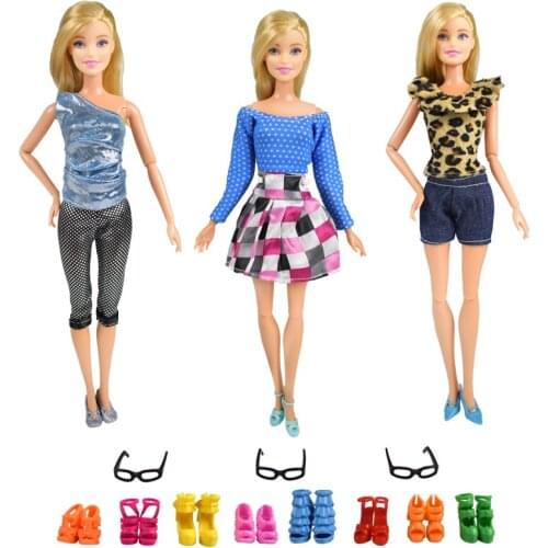 9 Item/set = 3 Pcs Homemade Dress + 3 Pcs Glasses + Random 3 Pairs Shoes for Doll Supplies Accessories Best Kids Toys Gift