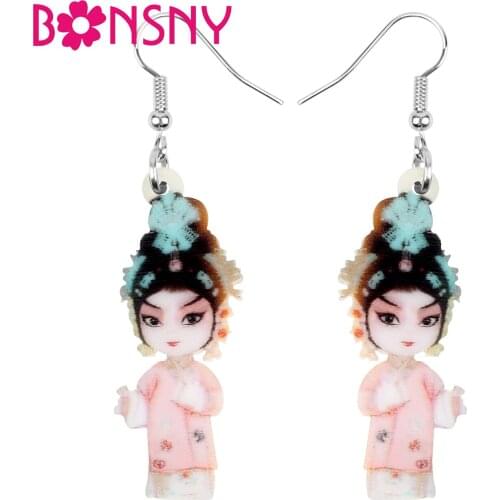 Bonsny Acrylic Chinese Beijing Opera Pattern Earrings Aesthetic Dangle Drop Jewelry For Women Kids Girls Party Gift Decoration