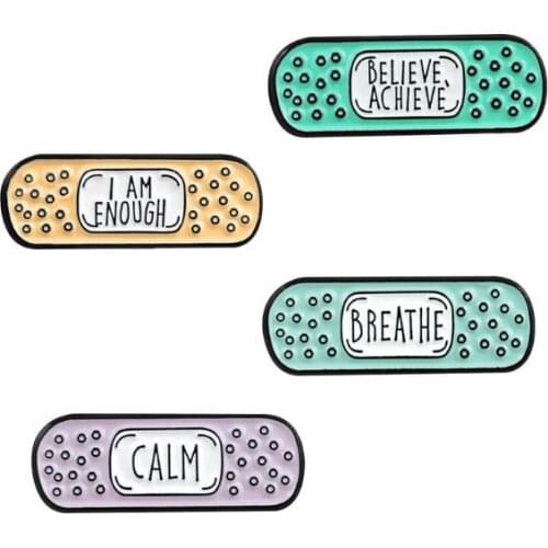 Bandage Metal Enamel Brooch Cute Cartoon Breathe Believe Achieve Calm I Am Enough Badge Pin Trendy Costume Backpack Jewelry Gift