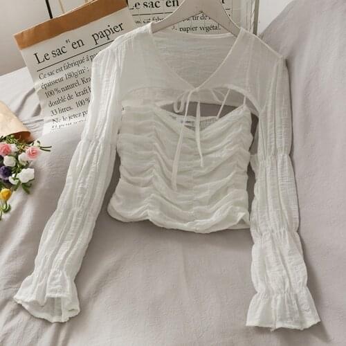 Fashion Two Piece Set Women Crop Tops Sexy Ruched Spaghetti Strap Tank Top and Shawl Summer Ladies Beach Blouses Shirt