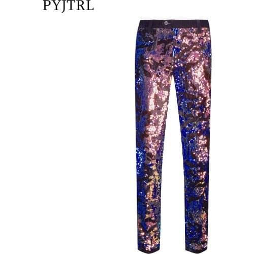 PYJTRL Men Blue Sequins Velvet Casual Pants Floral Shiny Wedding Groom Singer Expandable Waist Trousers Costume Pants