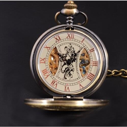 TIEDAN Retro Bronze Vintage Classic Elegant Skeleton Mechanical Pocket Watch Hand Wind Pendant Fob Watch Necklace Relogio