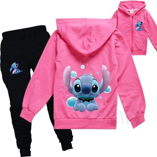 Children Clothes Autumn Spring Girls Sets Long Sleeve Tracksuit 2- 13 Years Hoodies Disney Stitch Sport Suit Kids Clothes Sets