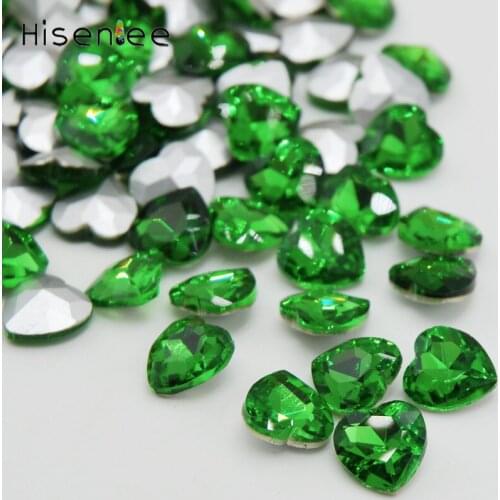 Hisenlee Grass Green Clear Crystal Heart Shaped Pointed Bottom Glass Rhinestones Art DIY Wedding Jewelry Decor Gem Design