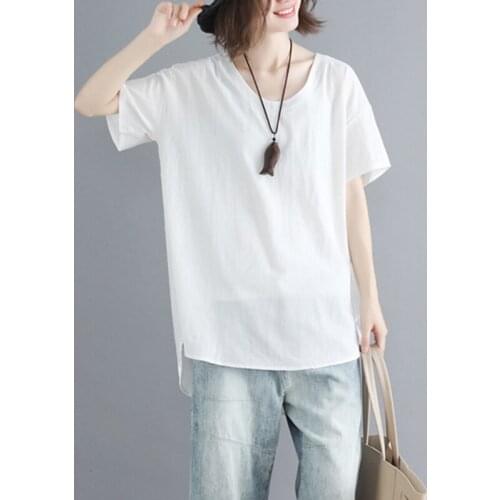 Cotton Linen Loose Solid Women T-Shirts 2021 Summer New O-Neck Short-Sleeved Loose Casual All Match Female Pulls Tops Tees