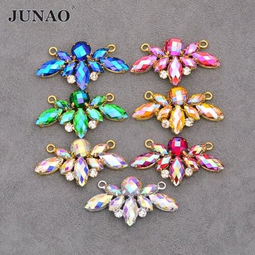 JUNAO 15*45mm Sewing Red AB Butterfly Rhinestones Connector Glass Appliques Flatback Gold Claw Crystal Stones for Dress Jewel