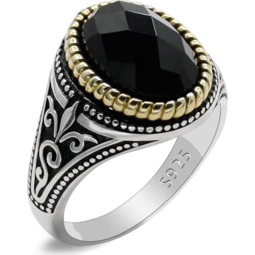 Black Zircon Stone 925 Silver Mens Ring Power Auspicious Handmade Turkish Signet Ring Rock Jewelry Gift For Men