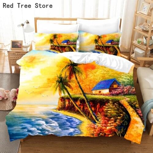 2/3pcs Oil Painting Landscape Pattern Printed Duvet Cover with Pillowcase Bed Quilt Covers Home Textile Soft Fabric Bedding Set