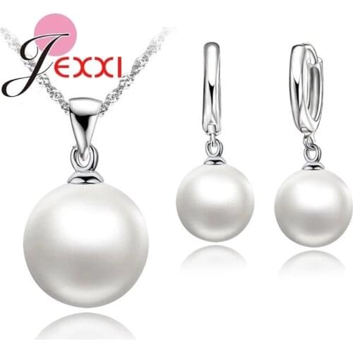 Nice Wedding Jewelry Sets 925 Silver Necklace+Pearl Hoop Earrings Fashion Jewelry Sets 18inch 925 Silver Necklace