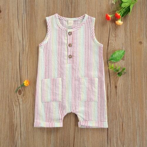 Summer Baby Girls Fashion Casual Loose Colorful Striped Short Romper Sleeveless O-neck Buttons Jumpsuit with Pockets