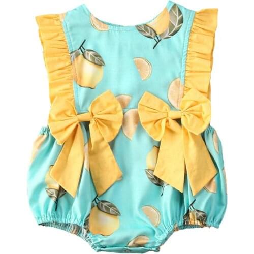 Toddler Baby Girls Summer Clothing Cotton Sleeveless Lemon Print Bow-knot Bodysuits For 1-3Y Child