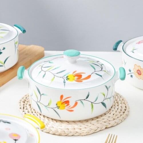 Double ear soup bowl Nordic household ceramic boiled fish bowl with handle big soup basin with cover creative personality big