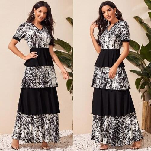 Multi Layered Dress Printed Women Casual Slim Long Dress V-neck Short Sleeve Maxi Robe 2020 Fashion Vintage Arab Dubai Dresses