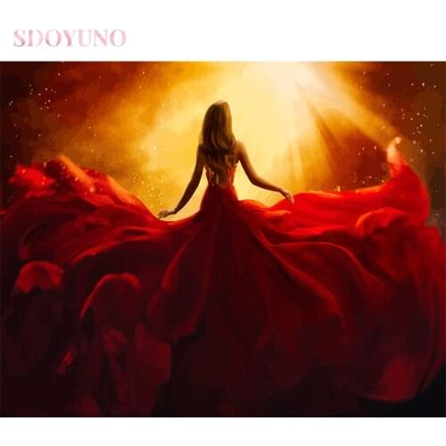 SDOYUNO oil painting by numbers abstract kit for adults DIY frame Red dress girl art HandPainted Home Decor Gift Canvas Drawing