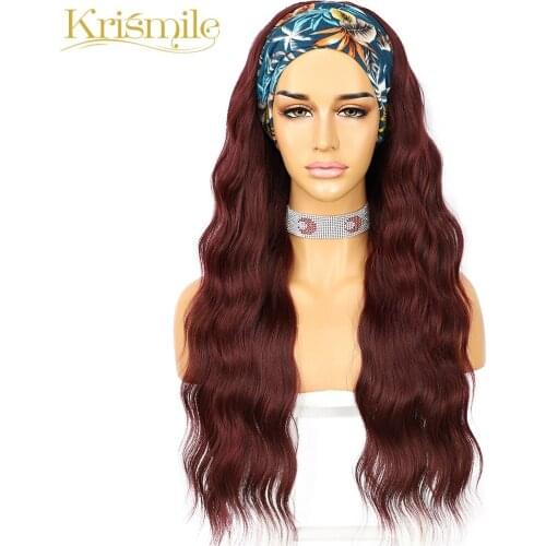 Krismile Deep Wave Burgundy Headband Wig Long 99j Daily Party Holidays No Gel Glueless Wig for Black Women with 2 Free Bands