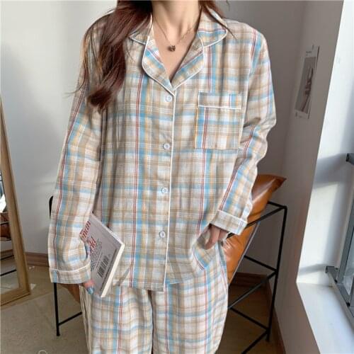 Spring autumn plaid pajama set women cotton long sleeve homewear pockets ladies sleepwear pants suit trousers korean chic Y933