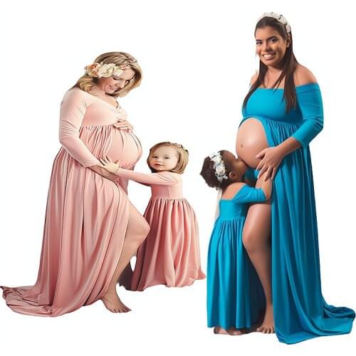 Family Maternity Mom Off Shoulder Dress Daughter Long Photo Prop Dresses Matching Mommy And Me Shoot Sundress Clothes Outfits