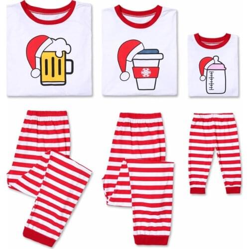 Family Clothing Red White Stripe Christmas Beer Milk Cup Print Sleepwear Family Matching Clothes Dad Mom Kid Children Pajamas