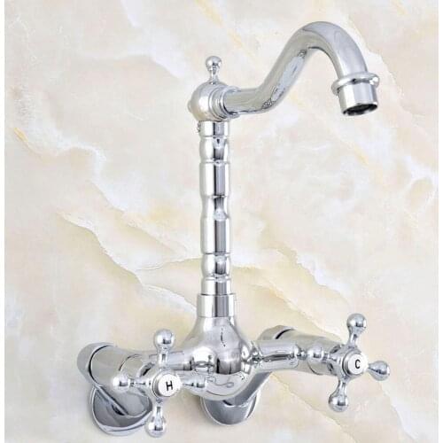 Silver Chrome Brass Wall Mounted Double Handles Bathroom Kitchen Sink Faucet Mixer Tap Swivel Spout - Adjusts From 3-3/8" aqg208