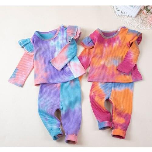 2021 Spring Autumn Kids Girls Toddler Pajamas Marbling Tie Dyed Ribbed Shirring Clothes Set PJs Lounge Wear