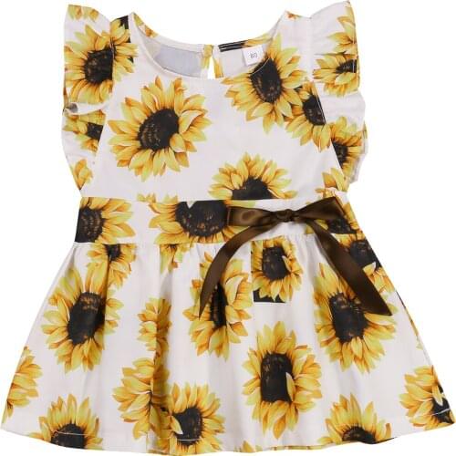 Little Girl’s Summer Sleeveless Short Dress Sweet Sunflower Printing Bow A-line Princess Dress Girls Casual Dress