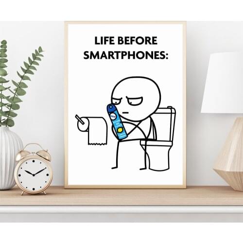 Line Fgure Funny Bathroom Poster Life Before Smartphones Quote Toilet Print Painting Wall Art Roll Paper Restroom Pictures Decor