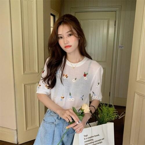 Womens Clothing 2021 Blouses Lace Collar Teenage Ladies Black Scoop Neck Sweater With Embroidery Flowers Casual Cute Tops Shirt