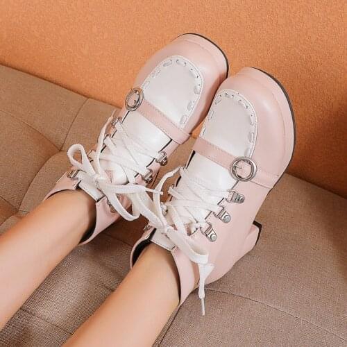 AGODOR 2020 New Women Lolita Ankle Boots Lace Up Block Heel Boots All Match Cute Fashion Women Winter Boots Shoes Big Size 34-45