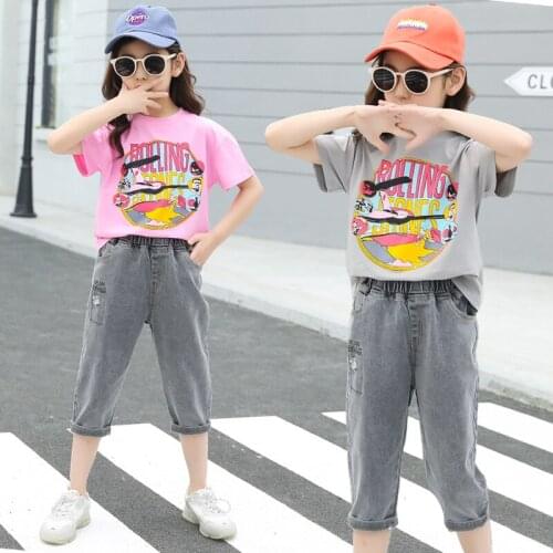 4-14T Girls Clothing Set For Summer Spring 2021 New Fashion Net Red T-shirt & Jeans Two Pieces Set High Quality