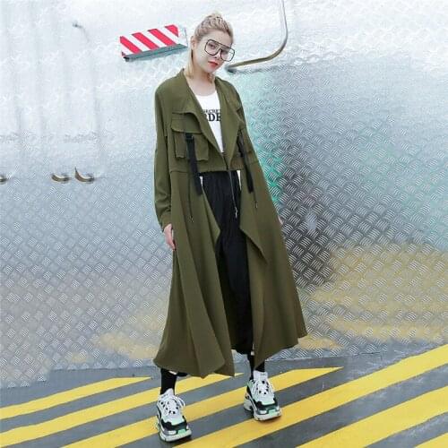 Plus size Womens Spring Autumn Trench Coats 2020 solid color double chest pockets no button thin windbreaker casual Coat M631