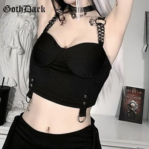Goth Dark Grunge Punk Black Harajuku Summer Camis Women Mall Gothic Slim Crop Tops Emo Chain Patchwork Backless Sexy Streetwear