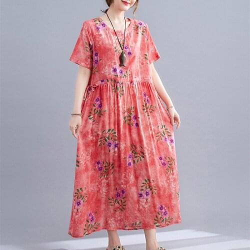 Thin Soft Cotton Linen Loose Summer Dress Print Floral Prairie Chic Holiday Outdoor Travel Casual Beach Style Women Long Dress