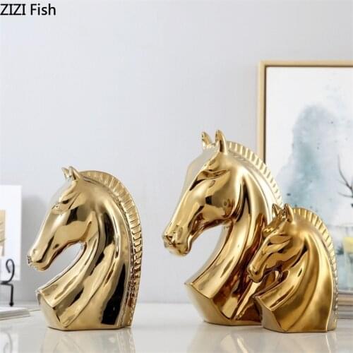 Golden Abstract Horse Ceramic Statue White Horse Head Feng Shui Ornaments Home Decor Crafts Sculpture Desktop Decoration Modern