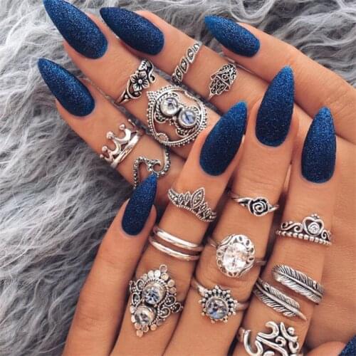 16pcs/Set Bohemia Vintage hand Heart shaped crown Leaf Carved Rings Sets Knuckle Rings for Women Jewelry