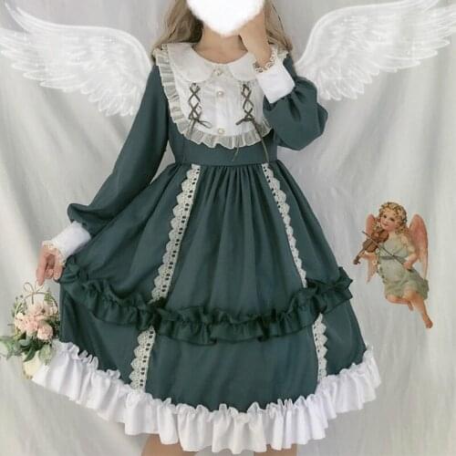 2020 HOT Sweet girl Lolita Dress Women dress Long sleeve Peter pan collar Ruffles Patchwork Sweet female dresses