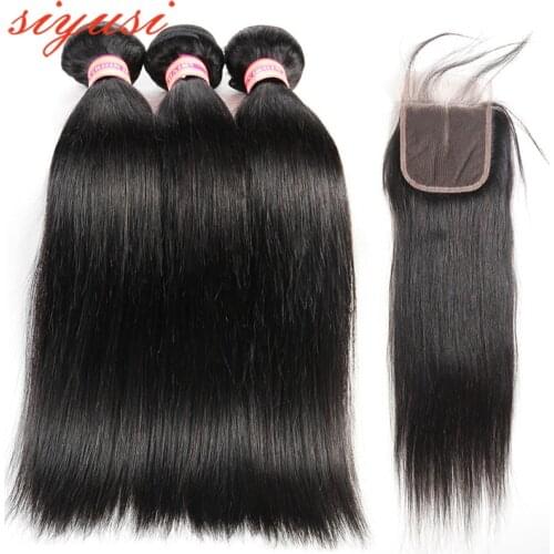 4*4 Straight Hair Bundles With Closure Peruvian Human Hair Bundles With Closure Human Natural Woman Extensions Of Hair 100