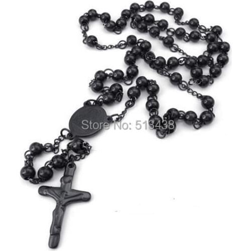28''+4.5'' Black JESUS Cross Rosary Pendant Necklace 316L Stainless Steel Men Womens Chain 6mm beads