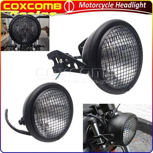 Motorcycle Retro H4 12V Mesh Grill Headlight High/ Low Beam Lamp w/Bracket For Harley Honda Suzuki Kawasaki Yamaha Cafe Racer