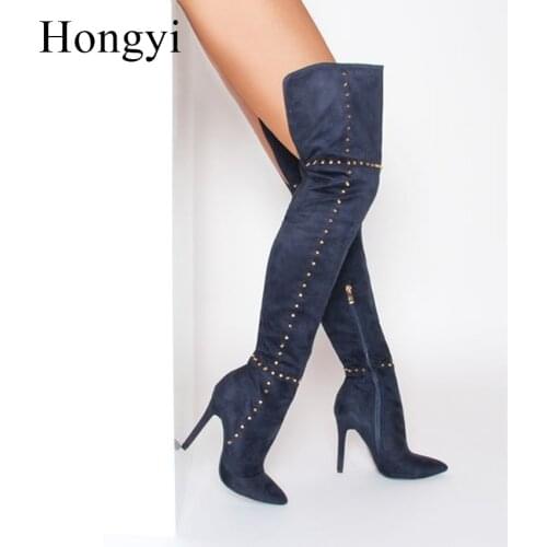 Hongyi 10cm thin high heels sexy pointed toe slim fit ovre the knee boots women suede leather rivets thigh high boots Big size