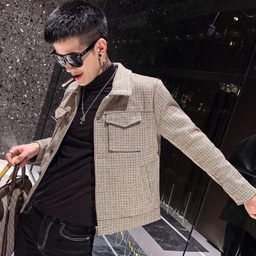 Jacket mens autumn dress new 100-tie grid hair top autumn and winter Korean version trend handsome mens work jacket