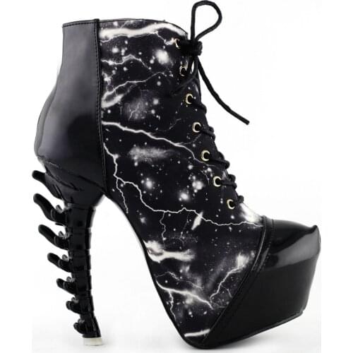 LF80621 Cool Thunder & Lightning Print Lace-Up Bone Heel Ankle Boots