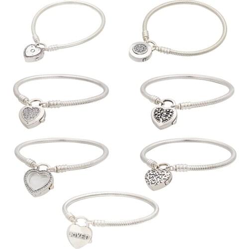 Lomeo 925 sterling silver loved Castle Paradise Tree of Life Moments Pavé Padlock Clasp Snake Chain original diy Bracelet