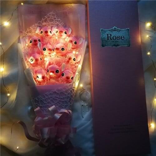 Lovely Cartoon Stitch Plush Toys Stitch Bouquet with Artificial Flowers Wishing Light Valentines Day Wedding Party Decoration