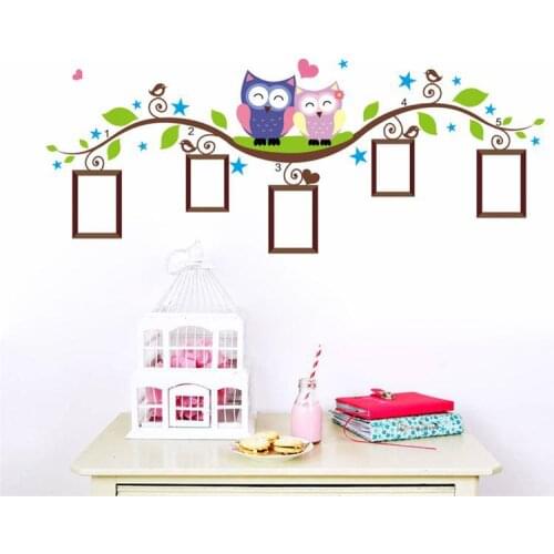 Cartoon owls photo frame wall stickers for living room bedroom home decoration animals wall art decals flower vine diy mural