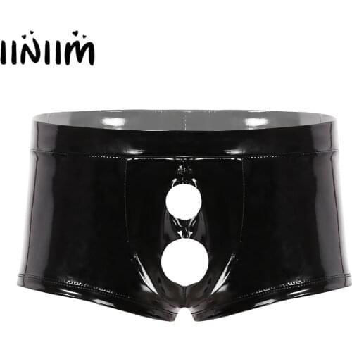 Iiniim Mens Wet Look Gay Sissy Panties Patent Leather Lingerie Low Rise Bulge Pouch with Holes Boxer Briefs Shorts Underwear
