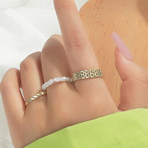 3 Piece Set Simple Fashion Splicing Chain Pearl Ring for Women Creative Personality Twist Hollow Ring Party Gift 2021 New