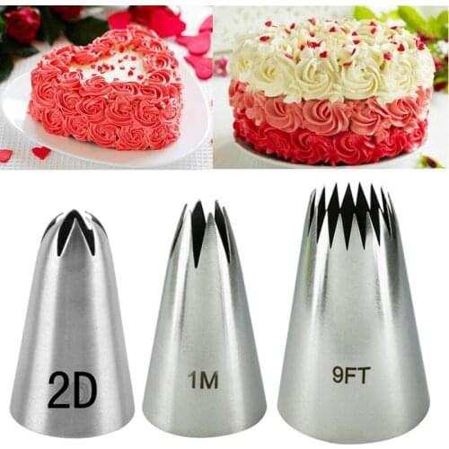 3PCS Rose Flower Icing Piping Nozzles Tube Russian Pastry Nozzle Opening Star Cake Decorating Tips Confectionery #1M 2D 9FT