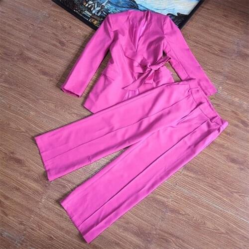 2021 new women spring autumn pant suits pink 2 pieces sets office lady blazers + pants runway pant sets