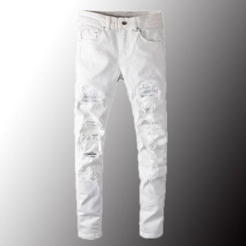 New Luxury Mens White Crystal Holes Ripped Jeans Fashion Slim Skinny Rhinestone Stretch Denim Pants Plus Size 40