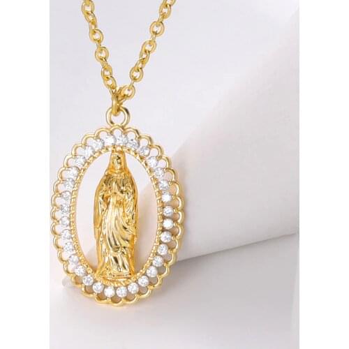 Holy Virgin Mary Pendant Necklace Religion Dainty Golden Christian Cubic Zircon Necklace Women Collier Femme Christian Jewelry